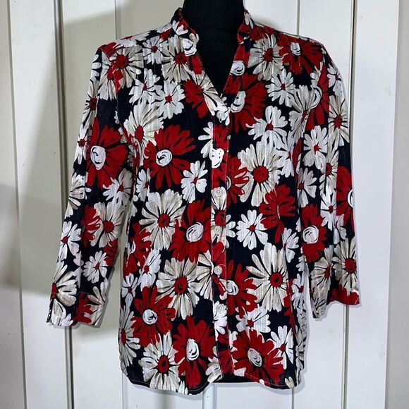 Alfred Dunner Blouse Shirt Top Womens Red 3/4 Sleeves Button Up size 10 (PETITE) - Picture 1 of 6